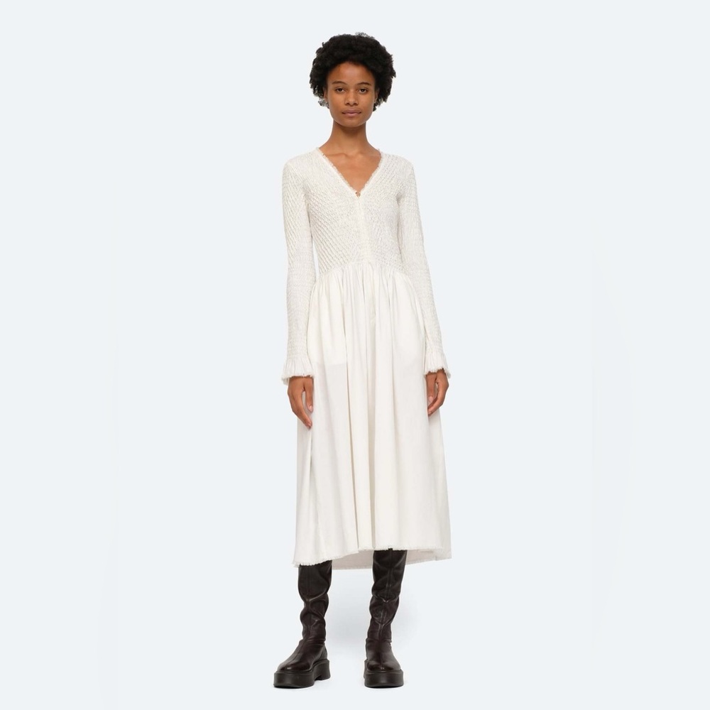 NWT Sea Casey Hand Smocked Long Sleeve Zip Front Dress In Eggshell - Picture 4 of 9